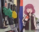  1girl ahoge bocchi_the_rock! braid closed_eyes commentary dress drinking_gasoline gas_pump gas_pump_nozzle gas_station gasoline green_dress hair_over_shoulder highres hiroi_kikuri jacket low-braided_long_hair multicolored_clothes multicolored_jacket naaga_sonomono open_mouth outdoors purple_hair sharp_teeth single_braid solo teeth two-tone_jacket 