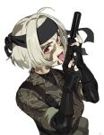  1girl ahoge black_nails breasts gloves grey_hair gun handgun highres holding holding_gun holding_weapon indie_virtual_youtuber long_sleeves looking_at_viewer military military_uniform nail_polish open_mouth optionaltypo red_eyes saruei_(vtuber) scar scar_across_eye solo uniform virtual_youtuber weapon 