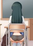  1girl accidental_exposure ass bag black_panties blue_skirt blurry blurry_background butt_crack chair chalkboard classroom clothes_lift commission depth_of_field desk facing_away from_behind green_hair highres hisakabe_oto idolmaster idolmaster_cinderella_girls kneehighs long_hair ohishi_izumi panties pantyshot school_chair school_desk see-through shirt sitting skeb_commission skirt skirt_caught_on_object skirt_lift socks solo straight_hair underwear variant_set very_long_hair white_shirt white_socks 