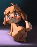 ajin animal_crossing anthro balls barely_visible_balls barely_visible_genitalia big_head blush brown_hair butt canid canine canis digby_(animal_crossing) domestic_dog feet genitals hair hi_res looking_at_viewer looking_back looking_back_at_viewer lying male mammal nintendo nude on_side pawpads shih_tzu solo toy_dog