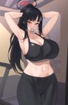  1girl armpits arms_up bare_arms bare_shoulders black_hair black_pants blue_archive breasts cleavage commentary cowboy_shot crop_top hair_ornament hairclip highres huge_breasts kuavera leggings looking_at_viewer midriff mouth_hold navel pants pink_eyes rio_(blue_archive) solo sports_bra standing stomach thighs tying_hair yoga_pants 