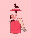  1girl bird black_bird black_hair blending closed_eyes english_text grey_footwear highres holding_lid in_trash_can original pink_background pink_shirt print_shirt shirt shoes short_hair short_sleeves simple_background solo syooooyoooo trash_can wide_shot 