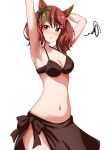  1girl :o animal_ears arm_behind_head arms_up bikini black_bikini black_sarong blush breasts brown_eyes brown_hair cleavage cowboy_shot ear_covers halterneck highres horse_ears horse_girl looking_at_viewer medium_breasts medium_hair motti_(motthi0711) multicolored_hair navel nice_nature_(umamusume) sarong simple_background solo squiggle standing streaked_hair swimsuit twintails umamusume white_background 