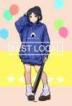  1girl absurdres arm_at_side balloon baseball_bat black_eyes black_hair black_skirt blood blood_on_weapon blue_hoodie blush brown_background chihiro_(jimoto_saikou) english_text full_body hand_in_own_hair hand_up high_ponytail highres holding holding_baseball_bat hood hood_down hoodie jimoto_saikou leg_warmers light_frown loafers long_sleeves looking_at_viewer onigiri_print oshiri_seijin pigeon-toed pleated_skirt print_hoodie shoes short_ponytail skirt solo standing weapon 