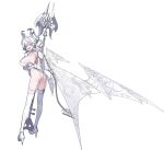  1girl ass breasts demon_girl demon_horns demon_wings dress duel_monster full_body gloves grey_eyes hair_between_eyes halberd high_heels highres holding holding_polearm holding_weapon horns large_breasts leotard looking_at_viewer lovely_labrynth_of_the_silver_castle low_wings medium_hair multiple_wings mx2j pointy_ears polearm sideboob simple_background skindentation smile solo standing tail thighhighs transparent_wings twintails weapon white_background white_footwear white_gloves white_hair white_horns white_theme white_thighhighs wings yu-gi-oh! 