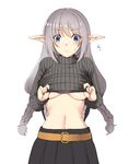  bangs belt_buckle black_skirt blue_eyes blush braid breasts buckle clothes_lift eyebrows eyebrows_visible_through_hair focused grey_hair grey_sweater hair_between_eyes lifted_by_self long_hair long_sleeves looking_down medium_breasts nakadori_(movgnsk) navel no_bra phantasy_star phantasy_star_online_2 pleated_skirt pointy_ears silver_hair simple_background skirt solo stomach sweat sweater sweater_lift turtleneck twin_braids twintails underboob undershirt undressing upper_body white_background 