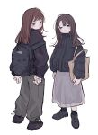  2girls absurdres backpack bag black_bag black_footwear black_jacket black_socks brown_hair cargo_pants closed_mouth from_behind full_body half-closed_eyes highres jacket long_hair long_sleeves looking_at_viewer looking_back multiple_girls original pants shoes shoulder_bag simple_background skirt smile socks standing white_background yunoki_itsugu 