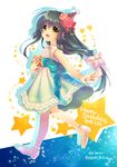  2016 alternate_costume black_hair clannad dated dress happy_birthday hat ibuki_fuuko long_hair open_toe_shoes party_hat satomi_yoshitaka shoes solo starfish yellow_eyes 