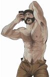  1boy abs arm_hair armpit_hair armpits bara beard bonjourdraws brown_pants call_of_duty call_of_duty:_modern_warfare_2 captain_price chest_hair facial_hair highres holding holding_phone large_pectorals looking_at_phone male_focus male_pubic_hair muscular muscular_male navel nipples open_pants pants pectorals phone pubic_hair short_hair simple_background solo white_background 