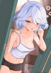  1girl alternate_costume ayamal_(mainichi_ryokucha) black_shorts blue_hair breasts camisole collarbone colored_inner_hair commentary_request cowboy_shot cowlick doormat doorway drop-shaped_pupils dutch_angle fingernails furina_(genshin_impact) genshin_impact grey_hair hand_up heterochromia highres light_blue_hair medium_breasts mismatched_pupils multicolored_hair navel open_mouth opening_door pov_doorway short_hair short_shorts shorts single_off_shoulder sleep_bubble sleepy solo tearing_up twitter_username waking_up wavy_hair white_camisole 