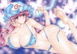  1girl bad_feet bare_shoulders bikini blue_bikini blue_headwear blush breasts closed_mouth collarbone foot_out_of_frame hat huge_breasts light_smile looking_at_viewer marker_(medium) mikeko_(user_zntg7852) mob_cap navel pink_eyes pink_hair purple_background saigyouji_yuyuko soles solo swimsuit toes touhou traditional_media triangular_headpiece 