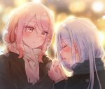  1girl 1other :o akiyama_mizuki black_jacket blue_scarf blurry blurry_background breath breathing_on_another&#039;s_hands closed_eyes closed_mouth depth_of_field fringe_trim grey_hair hair_between_eyes highres jacket long_hair long_sleeves open_mouth pink_hair project_sekai red_eyes scarf sleeves_past_wrists sorimachi-doufu upper_body white_scarf yoisaki_kanade 