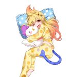  animal_print barefoot bird biting blonde_hair chicken gradient_hair highres kusaka_souji living_tail long_hair long_sleeves multicolored_hair object_hug official_art orange_hair pajamas pillow sleeves_past_wrists snake snake_tail solo tail tears transparent_background uchi_no_hime-sama_ga_ichiban_kawaii wince 