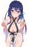  1girl bikini breasts closed_mouth cowboy_shot double_v gradient_hair hair_ribbon halterneck highres idolmaster_va-liv kamizuru_cosmo large_breasts long_hair looking_at_viewer multicolored_hair nervous_smile purple_eyes purple_hair ribbon rqm55 simple_background smile solo swimsuit v virtual_youtuber white_background white_bikini 