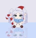  1girl blue_scarf brown_footwear candy candy_cane chibi closed_mouth commentary food frieren full_body green_eyes grey_background hat highres holding holding_candy holding_candy_cane holding_food long_hair long_sleeves looking_at_viewer michael_lamore pixel_art pointy_ears pom_pom_(clothes) red_headwear reflective_floor santa_hat scarf simple_background sitting smile solo sousou_no_frieren twintails 