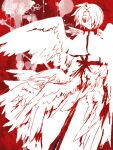  1boy angel_wings archangel_(baroque) baroque_(series) blood closed_mouth copyright_name full_body hair_over_one_eye injury jitome looking_at_viewer male_focus monochrome multiple_wings red_theme robe short_hair solo tbing1 wings 