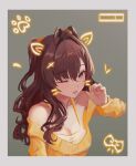  1girl :3 absurdres ahoge animal_ears animal_print blue_eyes blush bow breasts brown_hair cleavage collarbone commentary_request drawn_ears drawn_whiskers hair_between_eyes heart highres ichinose_shiki idolmaster idolmaster_cinderella_girls long_hair looking_at_viewer medium_breasts off-shoulder_sweater off_shoulder one_eye_closed open_mouth orange_sweater picture_frame purikura qingli_ye shirt sleeveless sleeveless_shirt smile sweater two_side_up upper_body wavy_hair whiskers yellow_shirt 
