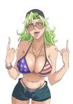  1girl absurdres american_flag_bikini backwards_hat baseball_cap bikini bleach bleach:_sennen_kessen-hen bracelet breasts candice_catnipp collarbone flag_print gloves green_eyes green_hair hand_gesture hat highres jewelry large_breasts long_hair looking_at_viewer necklace open_mouth rakusakugk shorts simple_background solo stomach sunglasses swimsuit tongue tongue_out upper_body white_background 