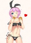  absurdres bad_id bad_pixiv_id bikini blue_eyes blush breasts cleavage commentary_request hair_ribbon hairband heart heart-shaped_pupils highres large_breasts midriff off_shoulder one_eye_closed personification pink_hair ponytail ranger_(zhan_jian_shao_nyu) ribbon solo strap_slip swimsuit symbol-shaped_pupils zhan_jian_shao_nyu zhudacaimiao 