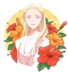  1girl blonde_hair bud chinese_clothes cropped_torso earrings floral_background flower hanfu hibiscus itoyoshi_(koiyuri) jewelry juuni_kokuki long_hair looking_at_viewer necklace orange_flower outside_border purple_eyes red_flower renrin_(juuni_kokuki) round_image solo 