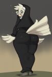 anthro avian beak big_butt biped bird brooke_(simplifypm) butt clothed clothing feathers female hi_res looking_at_viewer looking_back nun pb_doodles pupils solo thick_thighs