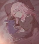  1other absurdres akiyama_mizuki animal animalization arm_behind_head arm_up asahina_mafuyu bed_sheet black_shirt closed_eyes collarbone hair_between_eyes highres long_hair long_sleeves lying on_side parted_lips pillow pink_hair project_sekai puffy_long_sleeves puffy_sleeves rabbit shirt sleeves_past_wrists sorimachi-doufu under_covers 