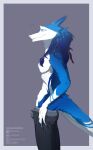 absurd_res anthro big_bulge blue_body blue_eyes braided_hair braided_ponytail bulge clothing hair hi_res looking_down male mityay15 ponytail sergal sergei_(lightwo) simple_background solo tight_clothing tight_fit