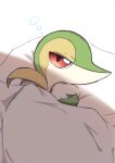  closed_mouth commentary_request frown head_on_pillow highres inariya_(pixiv_88175043) looking_at_viewer lying no_humans on_side pillow pokemon pokemon_(creature) red_eyes sleep_bubble sleepy snivy solo tearing_up under_covers 
