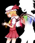  1girl absurdres ascot black_background blonde_hair breasts collared_shirt cowboy_shot crystal drop_shadow flandre_scarlet frilled_skirt frilled_sleeves frills from_side glowing glowing_wings hat hat_ribbon highres holding_head medium_hair mob_cap multicolored_wings pleated_skirt puffy_short_sleeves puffy_sleeves red_eyes red_ribbon red_skirt red_vest ribbon severed_head shirt short_sleeves silhouette skirt small_breasts solo touhou vest white_headwear white_shirt wings wowoguni yellow_ascot 