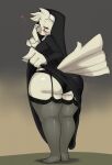 anthro avian beak big_butt biped bird brooke_(simplifypm) butt clothed clothing clothing_lift feathers female hi_res looking_at_viewer looking_back nun nun_outfit panties pb_doodles pupils solo thick_thighs underwear