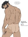  1boy arm_hair ass back bara beard black_hair bonjourdraws call_of_duty call_of_duty:_modern_warfare_2 captain_price cigar completely_nude english_text facial_hair hat highres holding holding_cigar like_and_retweet male_focus meme muscular muscular_male nude short_hair simple_background solo twitter_strip_game_(meme) white_background 