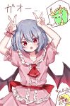  2girls absurdres bat_wings blonde_hair blue_hair chibi cowboy_shot double_v dragon flandre_scarlet frills hand_up highres kutabiretainu medium_hair multiple_girls open_mouth pointy_ears red_eyes remilia_scarlet simple_background sweat touhou v white_background wings 