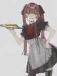  1girl apron black_dress black_ribbon black_thighhighs dress food garnish hair_ribbon hand_on_own_hip ketchup maid minoshima_ayaka omelet omurice open_mouth original puffy_short_sleeves puffy_sleeves red_hair ribbon short_sleeves slit_pupils solo teeth thighhighs tray twintails waist_apron 