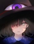 1other absurdres black_background black_hair black_headwear collar commentary_request cropped_shoulders dark enraku_tsubakura extra_eyes eyelashes grey_eyes hair_over_one_eye hat highres iris-san len&#039;en looking_at_viewer other_focus parted_lips purple_eyes short_hair simple_background smile solo straight-on top_hat white_collar 