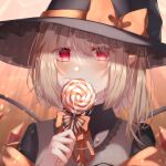  1girl blonde_hair candy crystal crystal_wings flandre_scarlet food hat hat_ribbon highres hisu_(hisu_) lollipop medium_hair neck_ribbon orange_ribbon outdoors pointy_ears red_eyes ribbon solo touhou upper_body vest witch_hat 