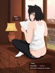  1girl animal_ears ass black_hair black_pants blake_belladonna book butt_crack cat_ears chest_of_drawers lamp looking_back necromalock open_book pants reading rwby short_hair sky socks solo speech_bubble tank_top white_socks white_tank_top window yellow_eyes 