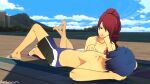  1boy 1girl absurdres bikini blue_hair couple highres kirijou_mitsuru long_hair persona persona_3 ponytail red_eyes red_hair shorts smile swimsuit unknownentity yuuki_makoto 