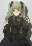  1girl black_bow black_bowtie black_dress bow bowtie dress frilled_dress frills green_eyes green_hair hair_ornament hair_scrunchie jewelry light_frown long_hair long_sleeves minoshima_ayaka necklace original parted_lips red_eyes scrunchie sidelocks solo twintails wide_sleeves 