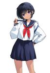  1girl black_hair blue_sailor_collar blue_skirt closed_mouth commentary_request contrapposto dark-skinned_female dark_skin expressionless feet_out_of_frame hand_on_own_hip hand_up head_tilt highres long_sleeves neckerchief original purple_eyes red_neckerchief sailor_collar shirt short_hair simple_background skirt solo take_shinobu white_background white_shirt 