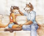 akatan_art anthro blue_bottomwear blue_clothing blue_pants blue_topwear bottomwear brown_body brown_fur brown_hair canid clothed clothing denim denim_bottomwear denim_clothing duo eye_contact fur furniture gloves_(marking) hair hi_res hotpants jeans leg_markings looking_at_another male mammal markings mouth_closed on_sofa open_mouth orange_body orange_fur pants red_clothing red_topwear short_hair shorts side_view sitting socks_(marking) sofa tan_body tan_fur tan_sofa topwear