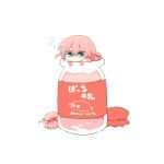  1girl blue_eyes bocchi_the_rock! bottle bubble character_name chibi gotoh_hitori gotoh_hitori_(octopus) gotoh_hitori_(tsuchinoko) hair_between_eyes hair_ornament in_bottle in_container long_hair milk_bottle mini_person minigirl one_side_up pink_hair rebecca_(keinelove) simple_background white_background 