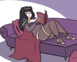  absurdres ass blunt_bangs book bracelet breasts bridal_gauntlets couch covered_navel fire_emblem fire_emblem_awakening gold_trim high_heels highres holding holding_book jewelry kujikawaii looking_to_the_side lying on_back on_couch parted_lips pillow simple_background skin_tight skindentation tharja_(fire_emblem) thick_thighs thighlet thighs thong turtleneck two_side_up v-shaped_eyebrows 