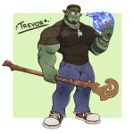  1boy absurdres bara beard black_hair body_markings bulge character_name colored_skin denim dungeons_and_dragons facial_hair full_beard full_body glasses green_skin hamu_bear highres holding holding_staff huge_eyebrows huge_pectorals inset_border jeans jewelry large_hands large_pectorals looking_at_viewer magic male_focus monster_boy multicolored_hair muscular muscular_male orc original pants pectorals pendant pointy_ears round_eyewear shoes sneakers solo staff standing streaked_hair thick_beard thick_thighs thighs trevor_ulfgarsson_(hamu_bear) tusks two-tone_background 