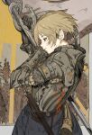  1boy absurdres armor belt blonde_hair brown_eyes commentary_request couter from_side gambeson gauntlets highres hiranko horns leather_belt looking_afar original parted_lips plate_armor sheath short_hair signature single_horn sketch solo standing sword upper_body weapon 