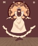  1girl apron blending braid brown_theme closed_eyes cross cross_necklace dress frilled_apron frills full_body highres holding holding_clothes holding_dress jewelry long_hair maid maid_headdress necklace original solo standing syooooyoooo twin_braids white_apron 