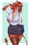 absurd_res anthro bottomwear bovid bovine cattle clothing female hi_res hierophant_green_(artist) legwear mammal office secretary skirt solo stockings