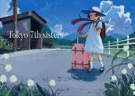  1girl backpack bag black_footwear brown_bag bus_stop cloud dress fence flower full_body harumi_shinju looking_at_viewer rolling_suitcase sky socks standing suitcase tokyo_7th_sisters village white_dress white_flower white_headwear white_socks yodarekaketati 