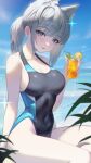  1girl absurdres animal_ear_fluff animal_ears bare_arms bare_legs bare_shoulders black_one-piece_swimsuit blue_archive blue_eyes blush collarbone competition_swimsuit covered_navel cross_hair_ornament drink drinking_straw extra_ears fang grey_hair hair_ornament highres holding holding_drink looking_at_viewer lumen_re medium_hair official_alternate_costume one-piece_swimsuit open_mouth shiroko_(blue_archive) shiroko_(swimsuit)_(blue_archive) skin_fang solo swimsuit wolf_ears 
