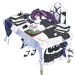  1girl beetle book bow bug chair closed_eyes hair_bow high_heels honkai_(series) honkai_impact_3rd kafka_(honkai_impact) long_hair official_art paper purple_hair sitting sleeping solo table thighhighs third-party_source transparent_background 