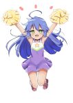  1girl :3 :d absurdres ahoge arms_up bare_arms blue_hair cheerleader commentary_request dress feet_up floating_hair green_eyes hair_between_eyes highres holding holding_pom_poms izumi_konata jumping long_hair looking_at_viewer lucky_star midair mole mole_under_eye notice_lines official_alternate_costume open_mouth pom_pom_(cheerleading) purple_dress shira_461 short_dress simple_background sleeveless sleeveless_dress smile solo star_(symbol) star_print straight-on white_background 